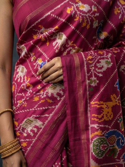 Magenta and White Patola Saree with Traditional Animal Motifs, Rich Pallu, and Silk Mark Certification