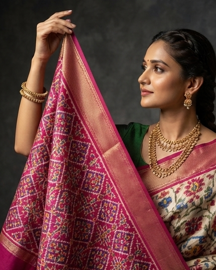 Cream and Pink Patola Sainer with Traditional Floral Motifs and Rich Magenta Zari Pallu