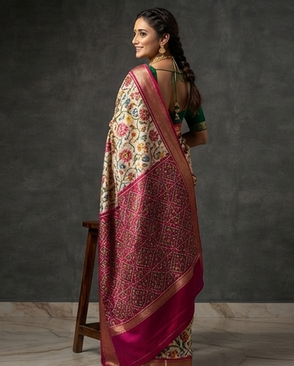 Cream and Pink Patola Sainer with Traditional Floral Motifs and Rich Magenta Zari Pallu