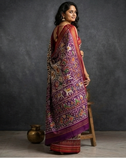 Deep Purple Patola Saree with Traditional Animal Motifs and Geometric Pallu