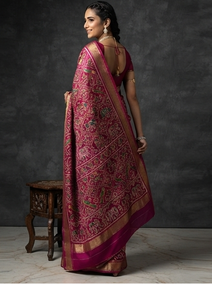 Magenta and Purple Patola Saree with Intricate Geometric Motifs, Rich Pallu, and Silk Mark Certification
