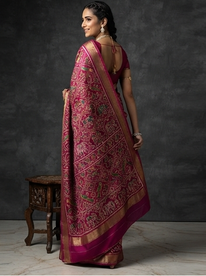 Magenta and Purple Patola Saree with Intricate Geometric Motifs, Rich Pallu, and Silk Mark Certification