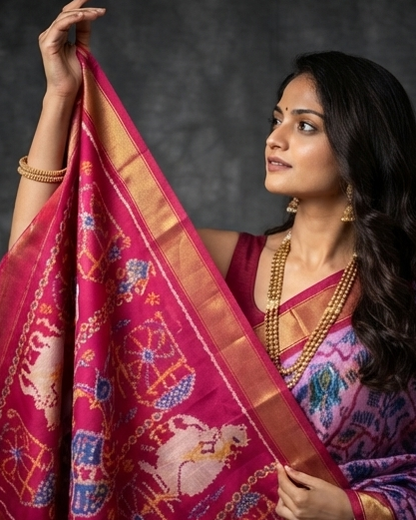 Lavender and Magenta Patola Saree with Traditional Elephant Motifs and Rich Gold Zari Border