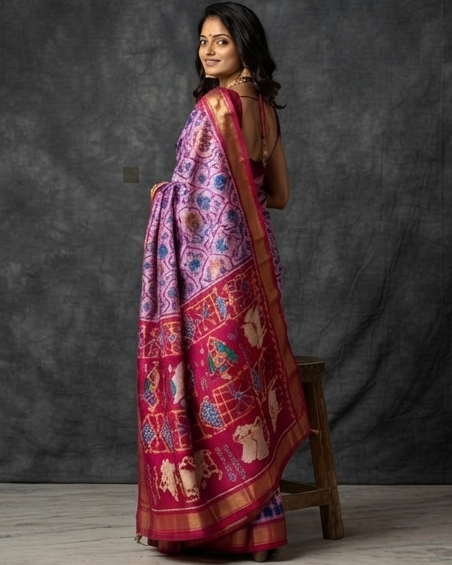 Lavender and Magenta Patola Saree with Traditional Elephant Motifs and Rich Gold Zari Border