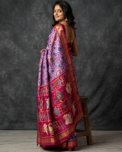 Lavender and Magenta Patola Saree with Traditional Elephant Motifs and Rich Gold Zari Border