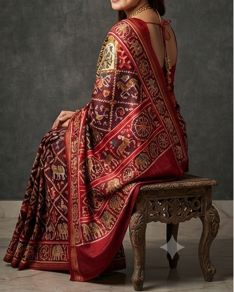 Deep Maroon Patola Saree with Traditional Chariot and Animal Motifs