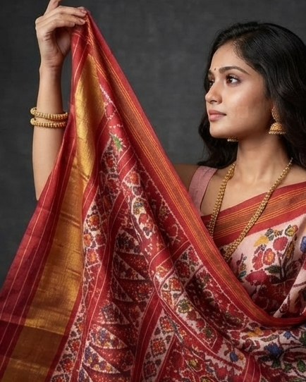 Rich Maroon Patola Saree with Traditional Box Motifs and Gold Zari Pallu