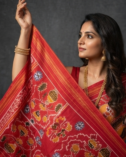 Red and Multi-Color Patola Silk with Traditional Compartment Motifs and Rich Red Pallu