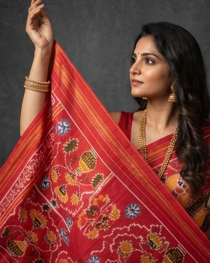 Red and Multi-Color Patola Silk with Traditional Compartment Motifs and Rich Red Pallu