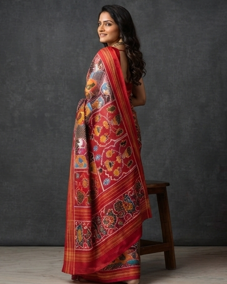 Red and Multi-Color Patola Silk with Traditional Compartment Motifs and Rich Red Pallu