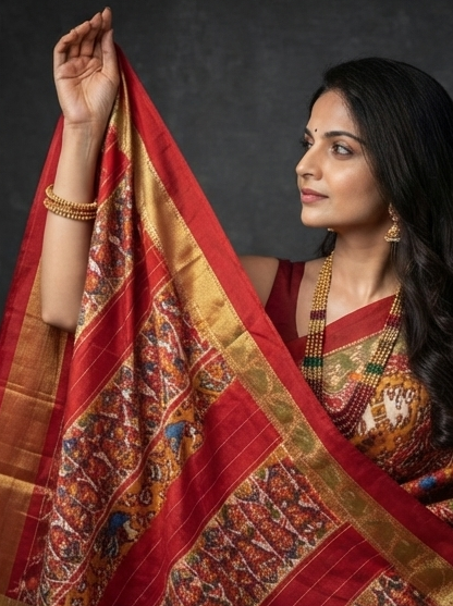 Mustard and Red Patola Saree with Intricate Elephant and Geometric Pallu