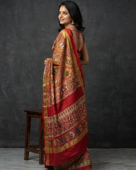 Mustard and Red Patola Saree with Intricate Elephant and Geometric Pallu
