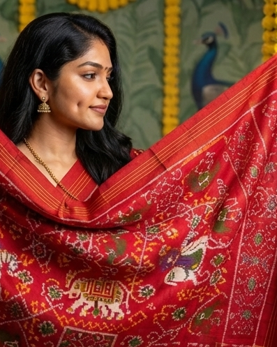 Classic Red Patola Saree with Traditional Horse Motifs and Festive Background