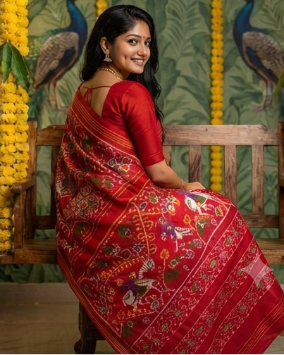 Classic Red Patola Saree with Traditional Horse Motifs and Festive Background