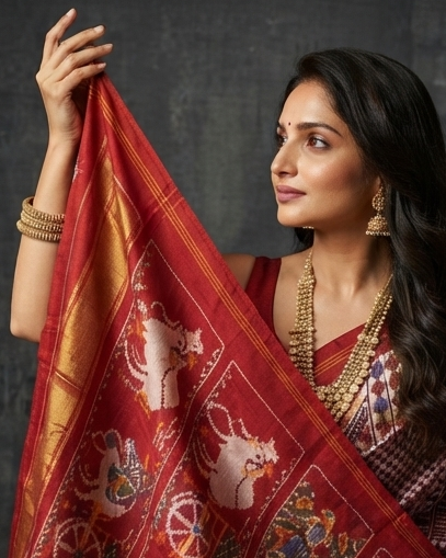 Off-White and Maroon Patola Saree with Traditional Chariot Motifs and Gold Zari Pallu