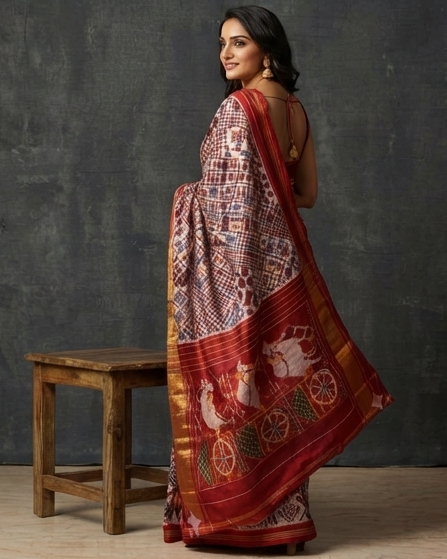 Off-White and Maroon Patola Saree with Traditional Chariot Motifs and Gold Zari Pallu
