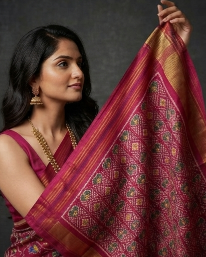 Magenta Patola Saree with Traditional Floral and Bird Motifs and Geometric Zari Pallu