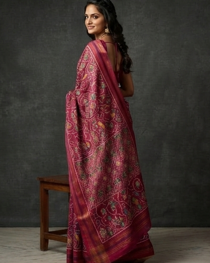 Magenta Patola Saree with Traditional Floral and Bird Motifs and Geometric Zari Pallu