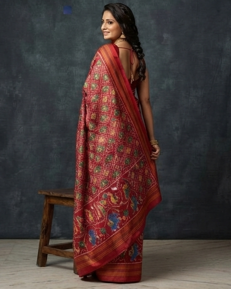 Red Patola Saree with Intricate Peacock and Floral Motifs and Striped Zari Pallu