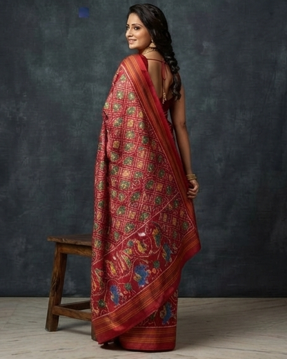 Red Patola Saree with Intricate Peacock and Floral Motifs and Striped Zari Pallu