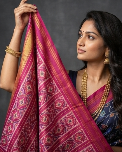 Navy Blue and Magenta Patola Saree with Floral Ikat Motifs and Gold Zari Border