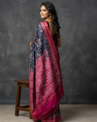 Navy Blue and Magenta Patola Saree with Floral Ikat Motifs and Gold Zari Border