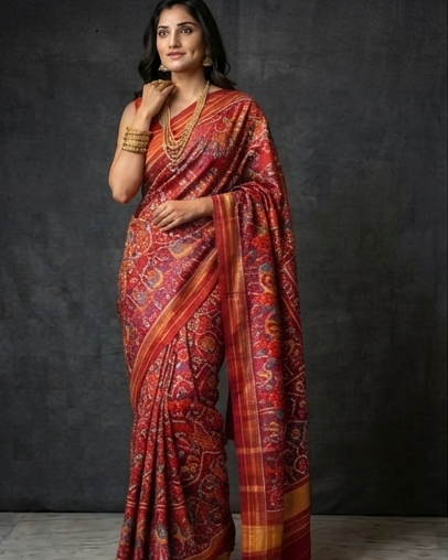 Traditional Red Patola Silk Saree with Intricate Floral Motifs