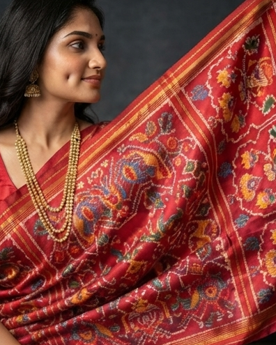 Traditional Red Patola Silk Saree with Intricate Floral Motifs