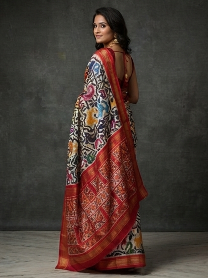 Ivory and Red Patola Saree with Multicolored Animal Motifs and Geometric Pallu