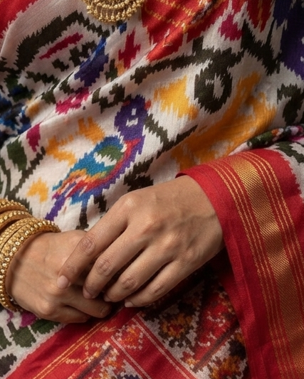Ivory and Red Patola Saree with Multicolored Animal Motifs and Geometric Pallu