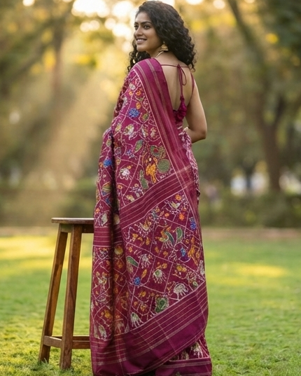 Magenta and White Patola Saree with Traditional Animal Motifs, Rich Pallu, and Silk Mark Certification