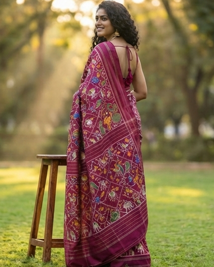 Magenta and White Patola Saree with Traditional Animal Motifs, Rich Pallu, and Silk Mark Certification