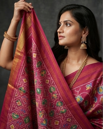 Magenta Patola Saree with Intricate Floral Motifs and Rich Gold Zari Pallu