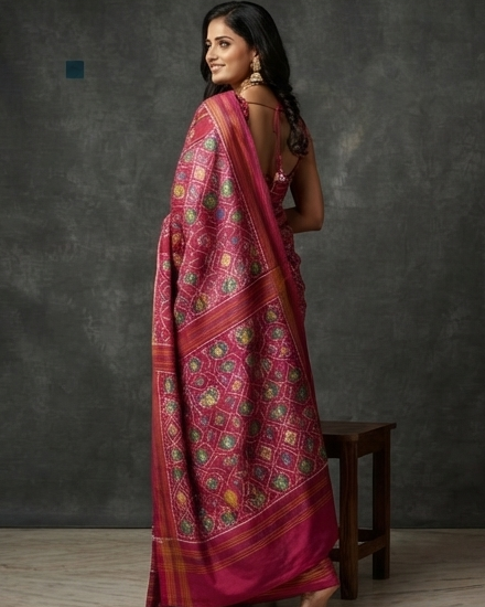 Magenta Patola Saree with Intricate Floral Motifs and Rich Gold Zari Pallu