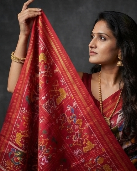 Off-White and Multi-Color Patola Saree with Traditional Elephant and Floral Motifs and Rich Red Pallu