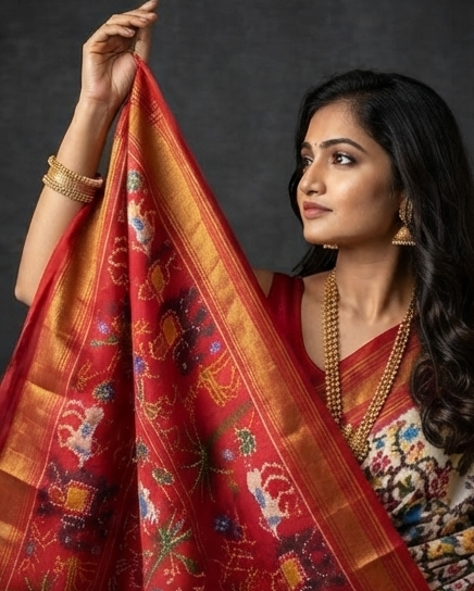 White and Red Patola Saree with Traditional Elephant Motifs and Gold Zari Pallu
