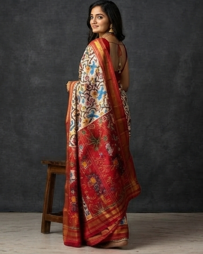 White and Red Patola Saree with Traditional Elephant Motifs and Gold Zari Pallu