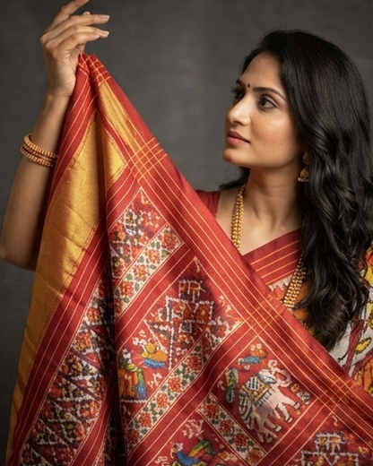 Multi-Color Patola Saree with Traditional Figural Motifs and Grand Gold Zari Pallu