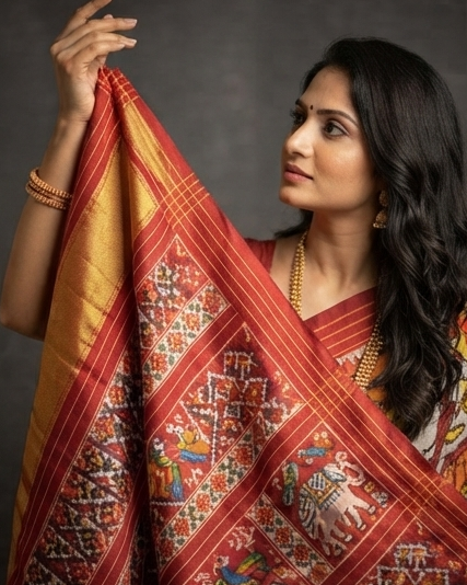 Multi-Color Patola Saree with Traditional Figural Motifs and Grand Gold Zari Pallu