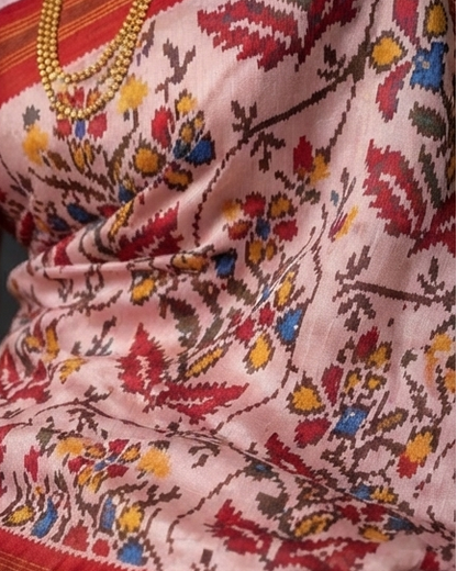 Pastel Pink Patola Saree with Crimson Red Floral Motifs and Zari Border