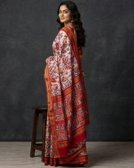 Pastel Pink Patola Saree with Crimson Red Floral Motifs and Zari Border