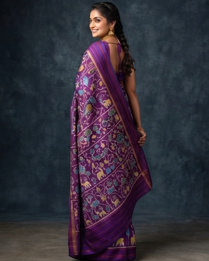Royal Purple Patola Saree with Traditional Peacock and Animal Motifs, Rich Pallu, and Temple Set Styling