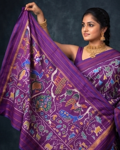 Royal Purple Patola Saree with Traditional Peacock and Animal Motifs, Rich Pallu, and Temple Set Styling