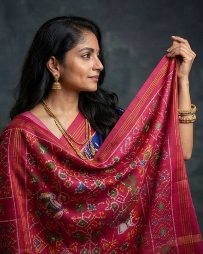 Royal Blue and Magenta Patola Saree with Traditional Animal Motifs and Zari Border