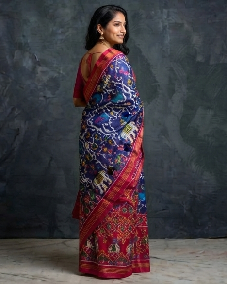 Royal Blue and Magenta Patola Saree with Traditional Animal Motifs and Zari Border