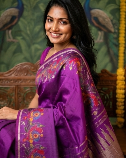 Royal Purple Printed Saree with Multi-Colored Floral Borders