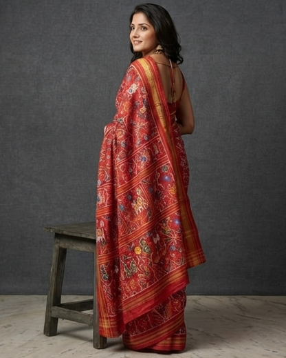 Red and Multi-Color Patola Saree with Traditional Animal and Floral Motifs