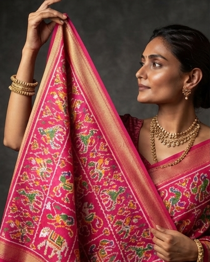 Vibrant Magenta Patola Saree with Traditional Animal Motifs and Striped Pallu