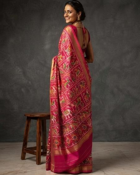 Vibrant Magenta Patola Saree with Traditional Animal Motifs and Striped Pallu