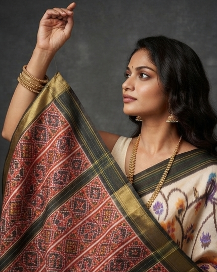 Cream and Black Patola Saree with Multi-Color Floral Motifs and Rich Zari Pallu
